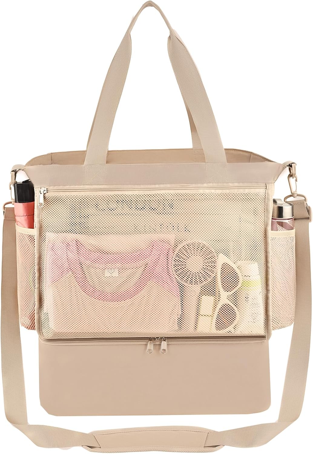 Beach Bag for Women Large Mesh Tote Bags with Cooler, Sandproof Vacation Essentials with Zipper for Swim Cruise Pool