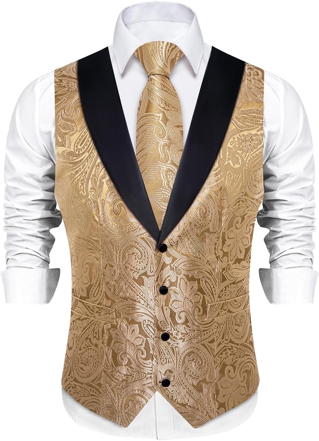 DiBanGu Mens Paisley Suit Vest Silk Jacquard Waistcoat and Necktie Set Formal Shawl Collar Dress Vest 7PCS for Wedding Party