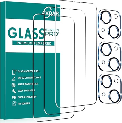 AVOAR Paquete de 3 + 3 protectores de pantalla de vidrio para iPhone 15 Plus con protector de lente de cámara, película de vidrio templado