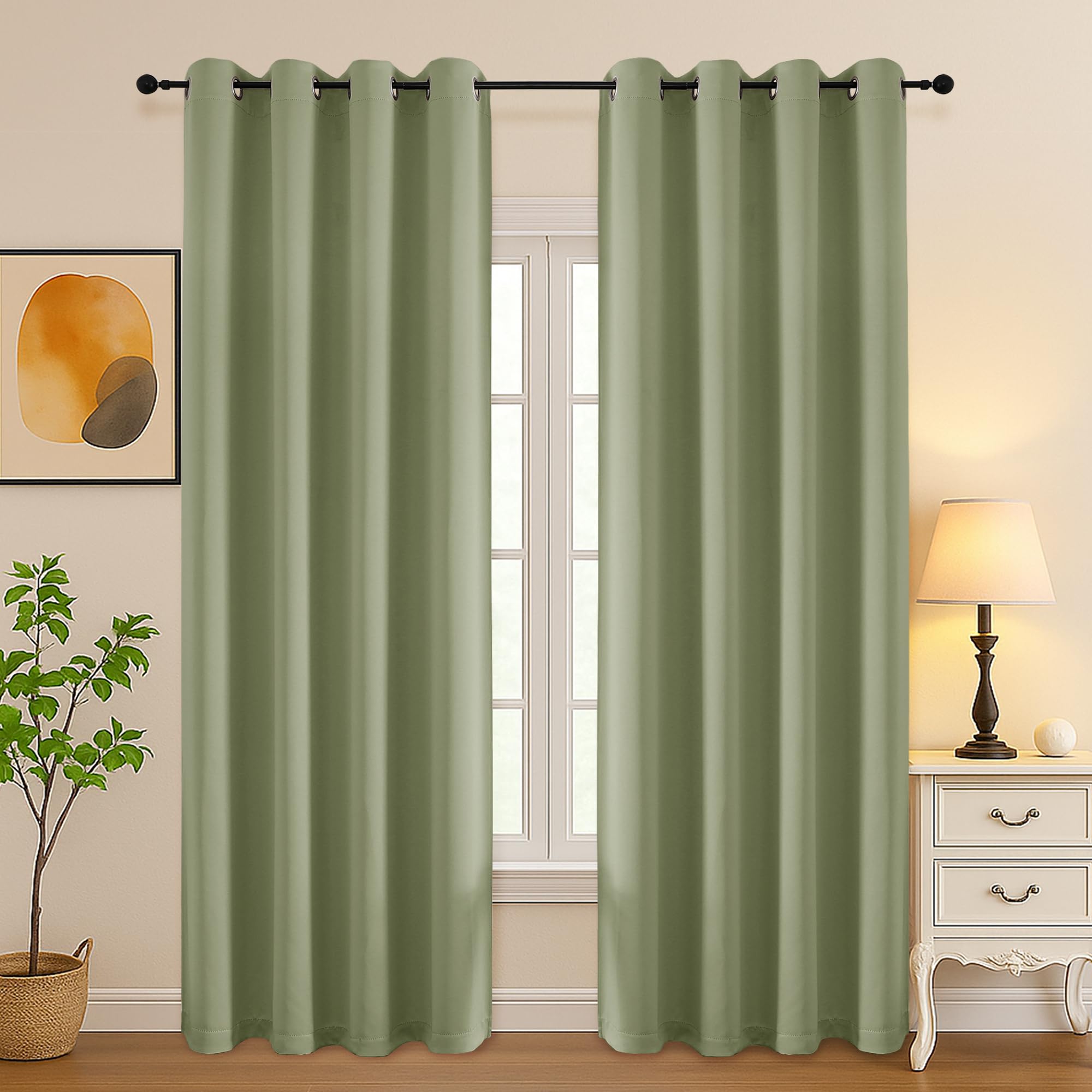 Simplebrand Sage Green Curtains for Bedroom Living Room 90 Inches Long 2 Panels Set, Room Darkening Thermal Insulated Curtains &amp; Drapes, Solid Grommet Noise Reducing Window Treatment, W50 x L90 Inch