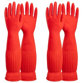 ThxToms 2 Pairs Heavy Duty Rubber Gloves with Extra Long Cuffs,Reusable,Waterproof Washing Up Gloves with Non-slip Grip,Household Cleaning,Car Washing, Gardening,Small