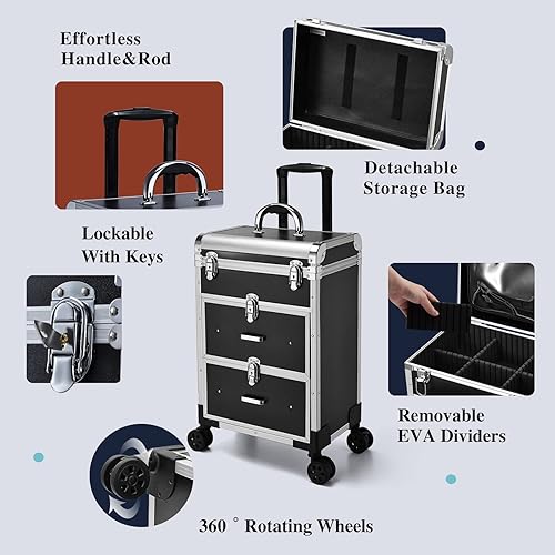 Miniatura 6 de Adazzo Caja de tren de maquillaje rodante profesional con cajones, carretilla cosmética grande con cerraduras, Mate rosa