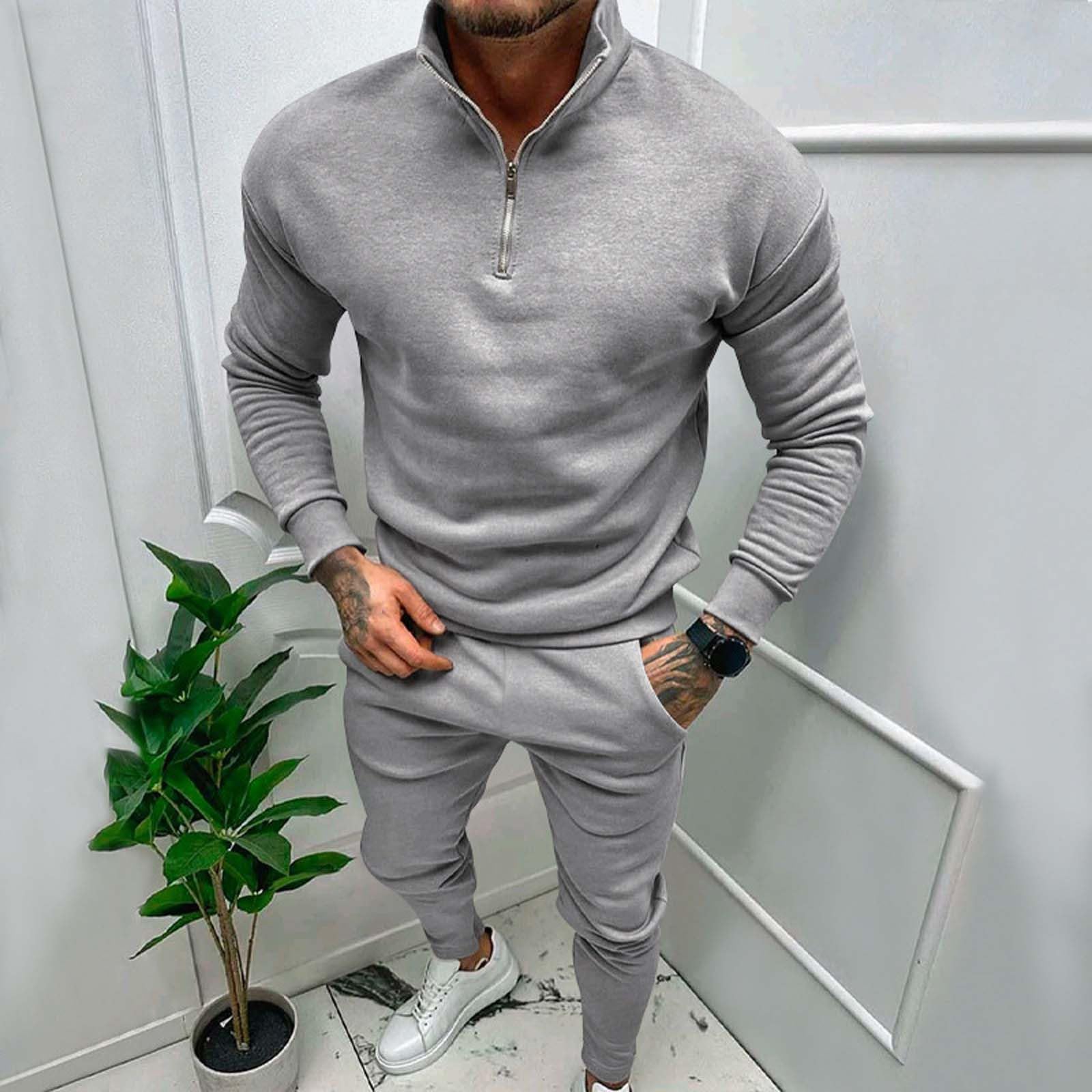 Męski dres treningowy z zamkiem do połowy, 2-częściowy, bluza i joggery, beżowa odzież domowa z wysokim dekoltem, strój dla mężczyzn, miękka bawełniana odzież sportowa, dopasowany krój, wygodny dres