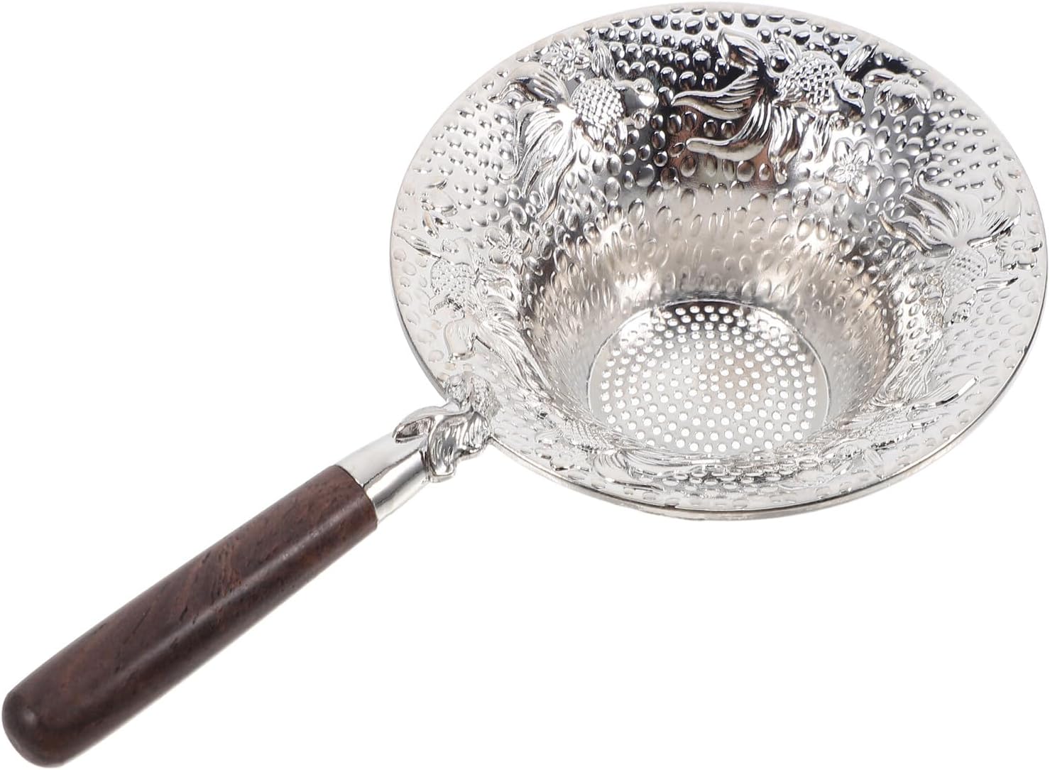 Fine Mesh Loose Tea Leaf Strainer with Handle Koi Fish Hammer Pattern Alloy Tea Infuser Filter Compatible with Teapots and Teacups for Clear Smooth Brewing Silver