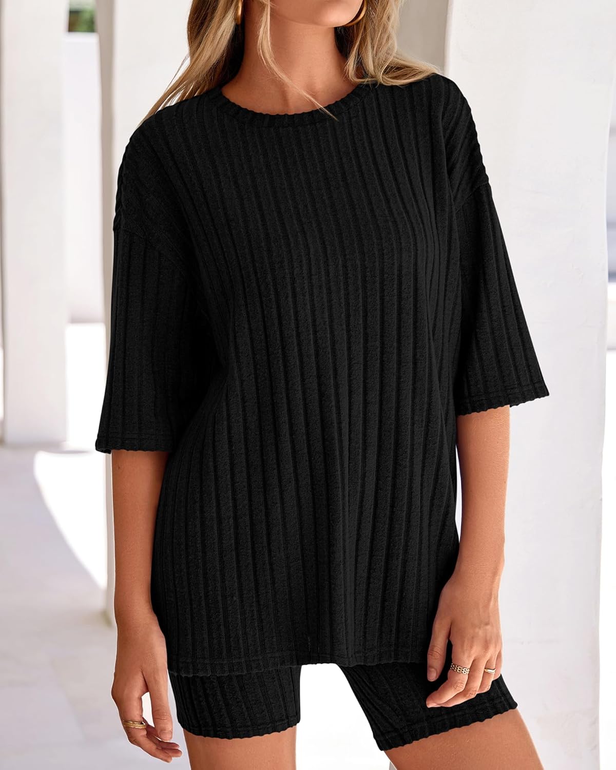 KIRUNDO Lounge Sets For Women 2 Piece Ribbed Knit Shorts Set Casual Short Sleeve Tops Biker Shorts Vacation Cruise Outfits - Image 3