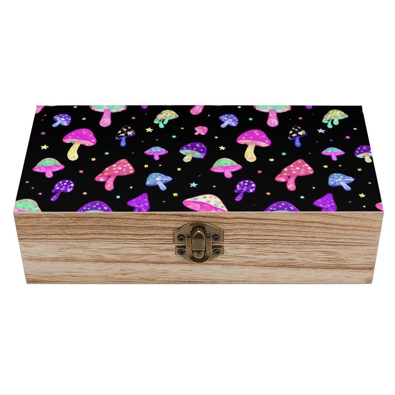 SMAZDFXX Rainbow Colorful Neon Mushrooms Wooden Storage Box With Hinged Lid Decorative Front Clasp Keepsake Boxes