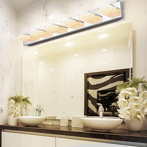Miniatura 7 de Lámparas de baño regulables de 3 colores sobre el espejo, luces LED cromadas, de acero inoxidable acrílico, 6 luces de tocador de baño, ajustable