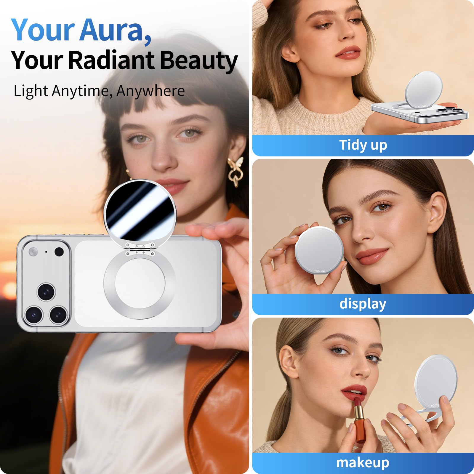 Custodia magnetica per telefono con specchio per MagSafe Supporto universale regolabile in metallo per iPhone 17/16/15/14 Pro Max Slim Phone Mirror per tutti gli smartphone utilizzati per donne