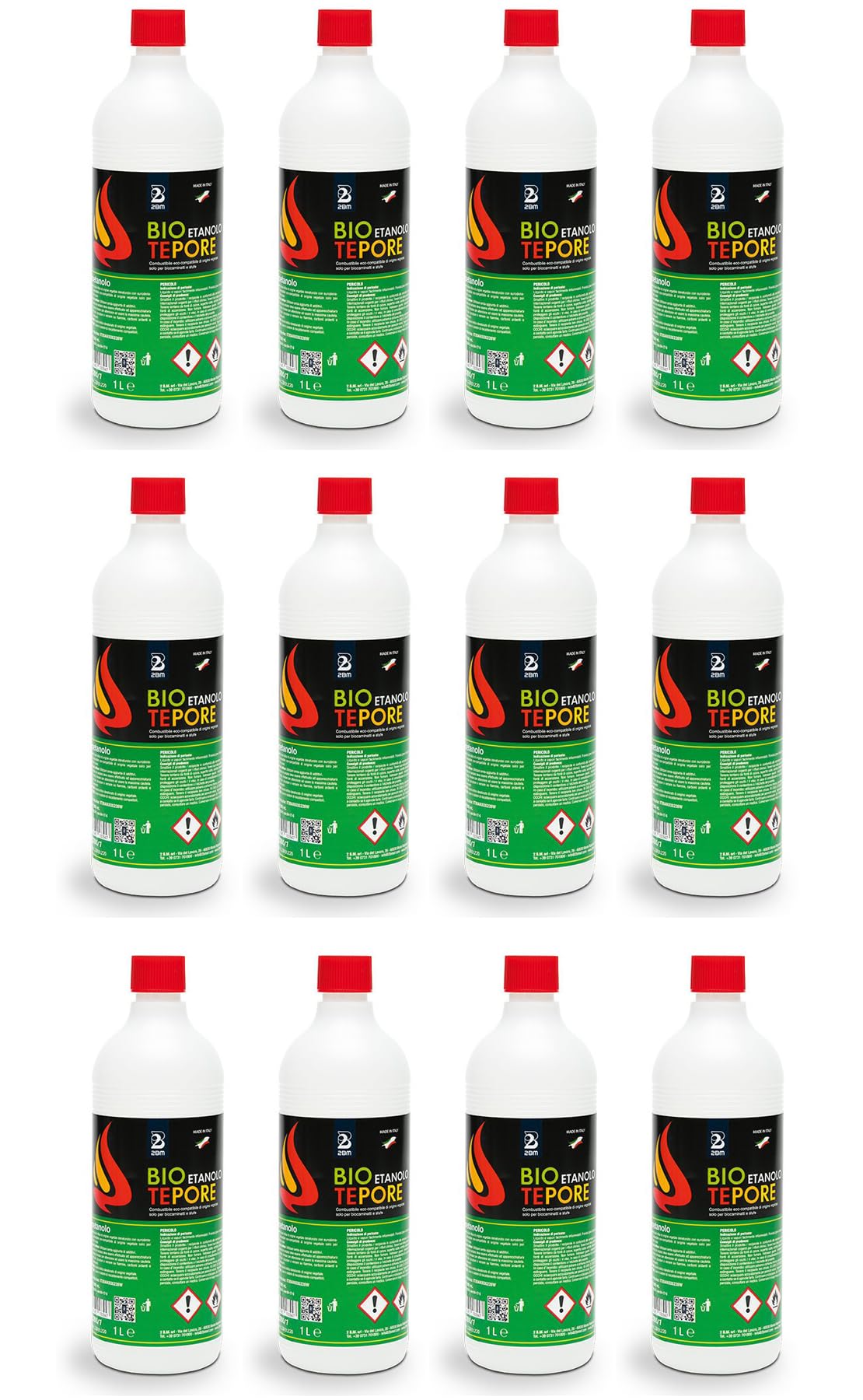 Bioetanolo 12LT Combustibile per Camini, Biocaminetti e Stufe Tepore 12 Litri 2BM | Bio Etanolo Inodore, Alcool Etilico di Origine Vegetale, Eco Compatibile, Pulito, Liquido Cartone 12 Bottiglie 1l