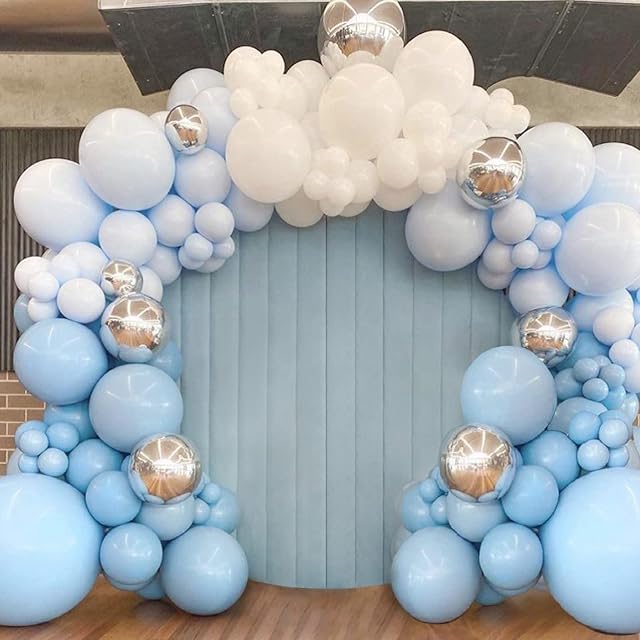 Blue Balloon Garland Arch Kit, 114pcs Macaron Blue White and 4D Silver Latex Balloons for Baby Boy Baby Shower Decorations, Wedding Bride Shower Birthday Backdrop Party Decorations