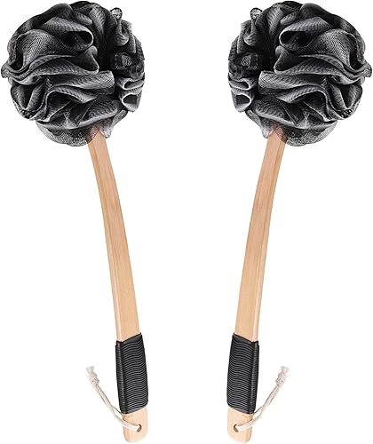 2 cepillos de madera para la parte trasera de la ducha esponja exfoliante de carbón de bambú con mango largo de 14 pulgadas