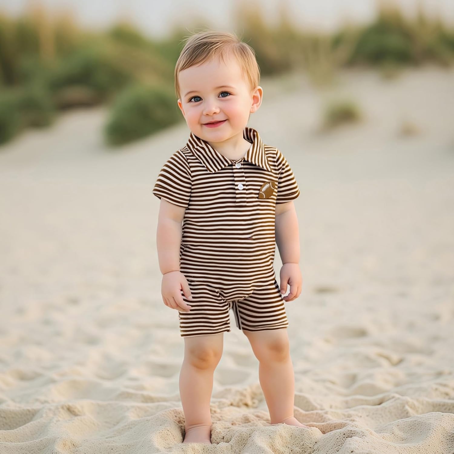 Karuedoo Newborn Baby Boy Football Outfit Embroidery Stripe Button Down Collared Shirt Romper Short Sleeve Jumpsuit Bodysuit - Image 5