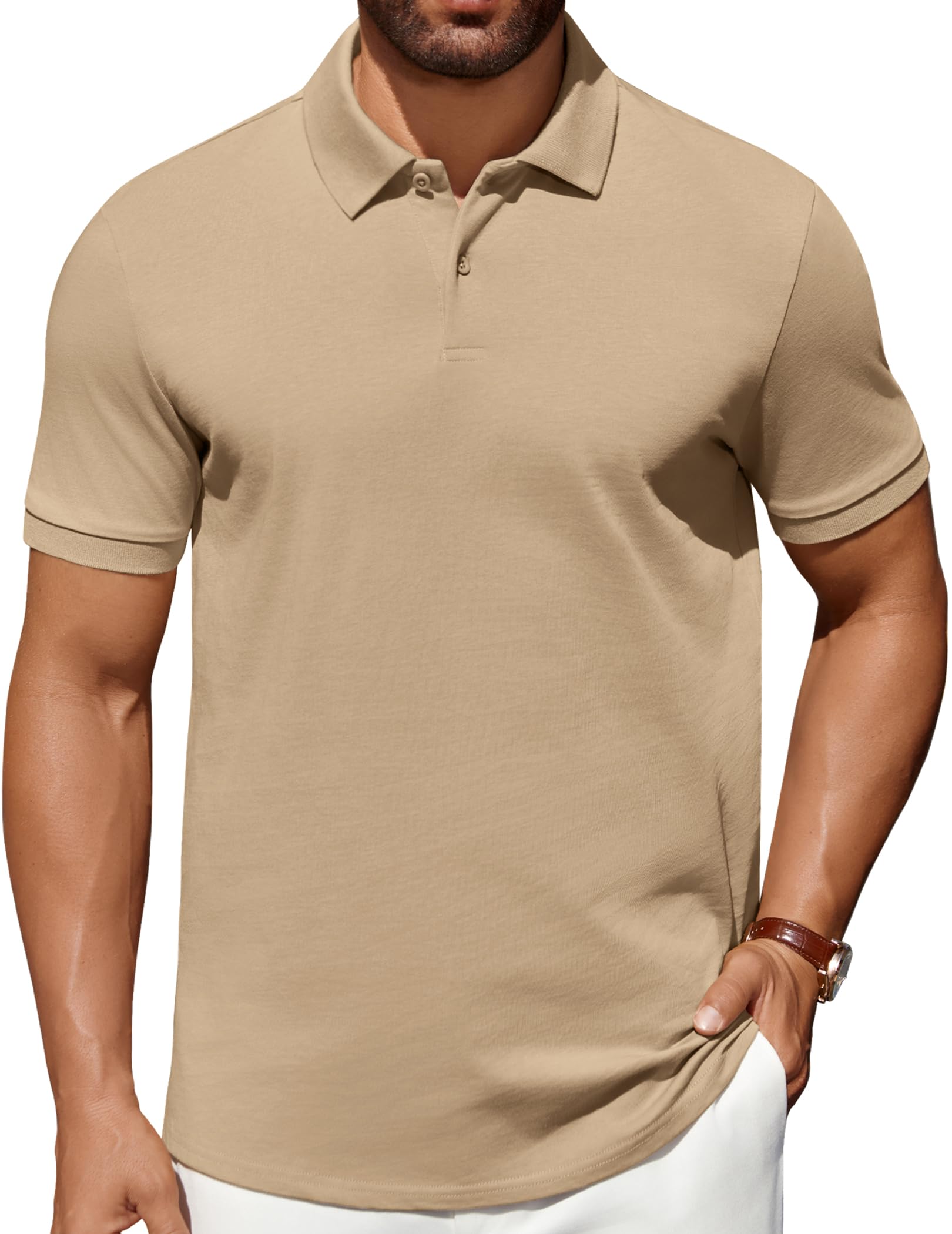 Men's Polo Shirts 100% Cotton Heavyweight Short Sleeve Button Golf Shirts Classic Pullover Ribbed Collar and Cuffs