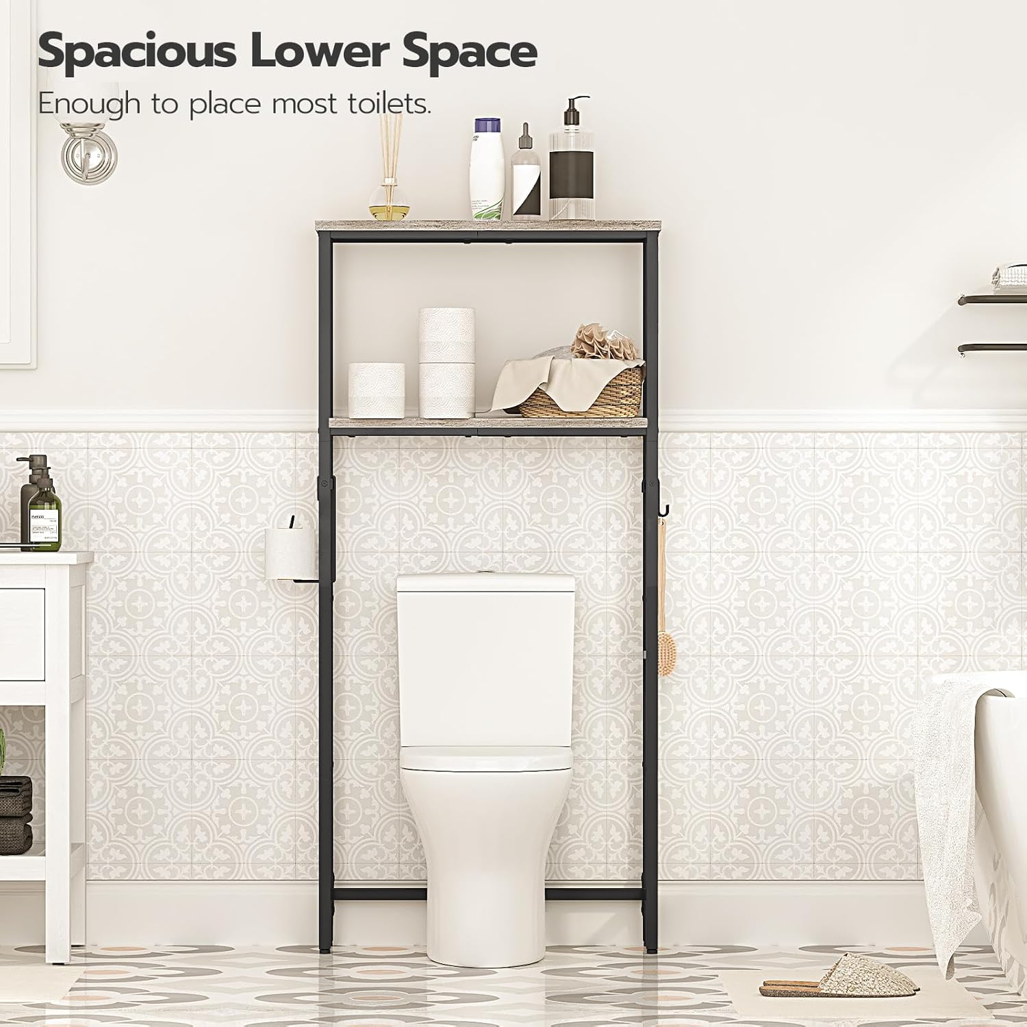 HOOBRO Over-The-Toilet Storage, 2-Tier Bathroom Organizer Over Toilet, Bathroom Shelves with Toilet Paper Holder and Hooks, Freestanding Storage Shelf, Space Saver, Greige and Black BG49TS01