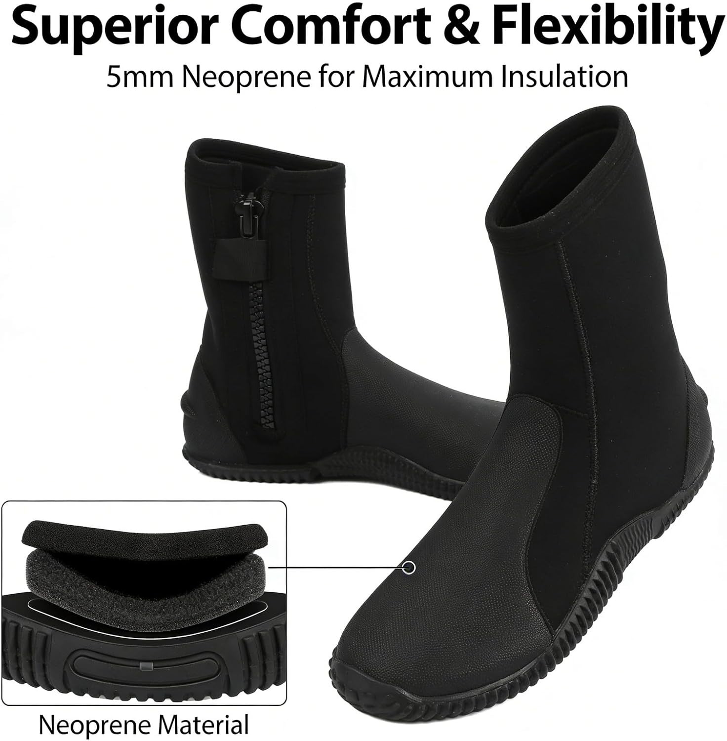 5MM High Top Diving Boots Water Shoes Black Size 10 43/44 - Slip, Design, Ideal for Surfing and Beach Activities