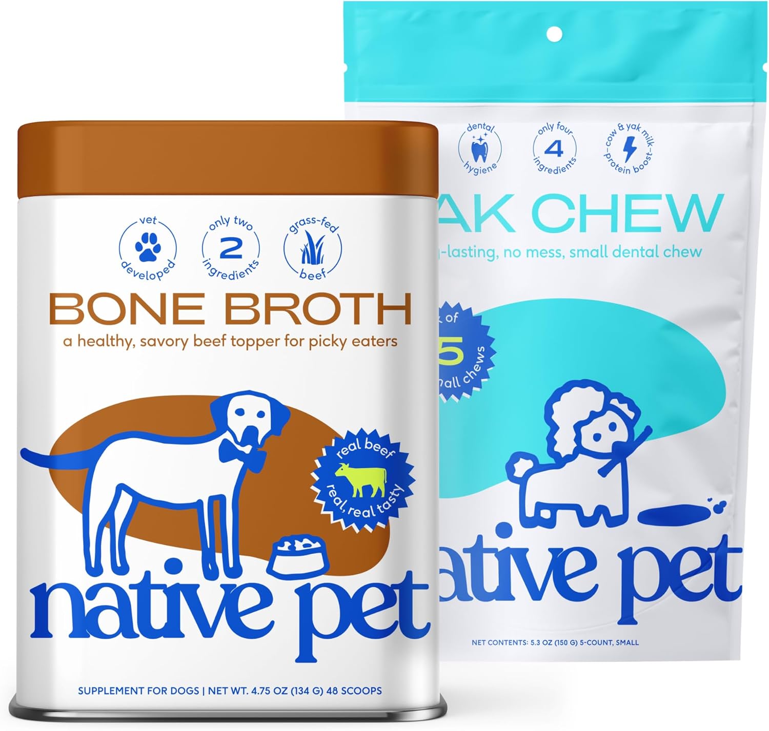 Native Pet Beef Bone Broth for Dogs (4.75 oz) & 5 Small Yak Chews for Dogs - Bone Broth Powder Food Topper and All Natural Dental Chew Made with Yak Cheese for Aggressive Chewers