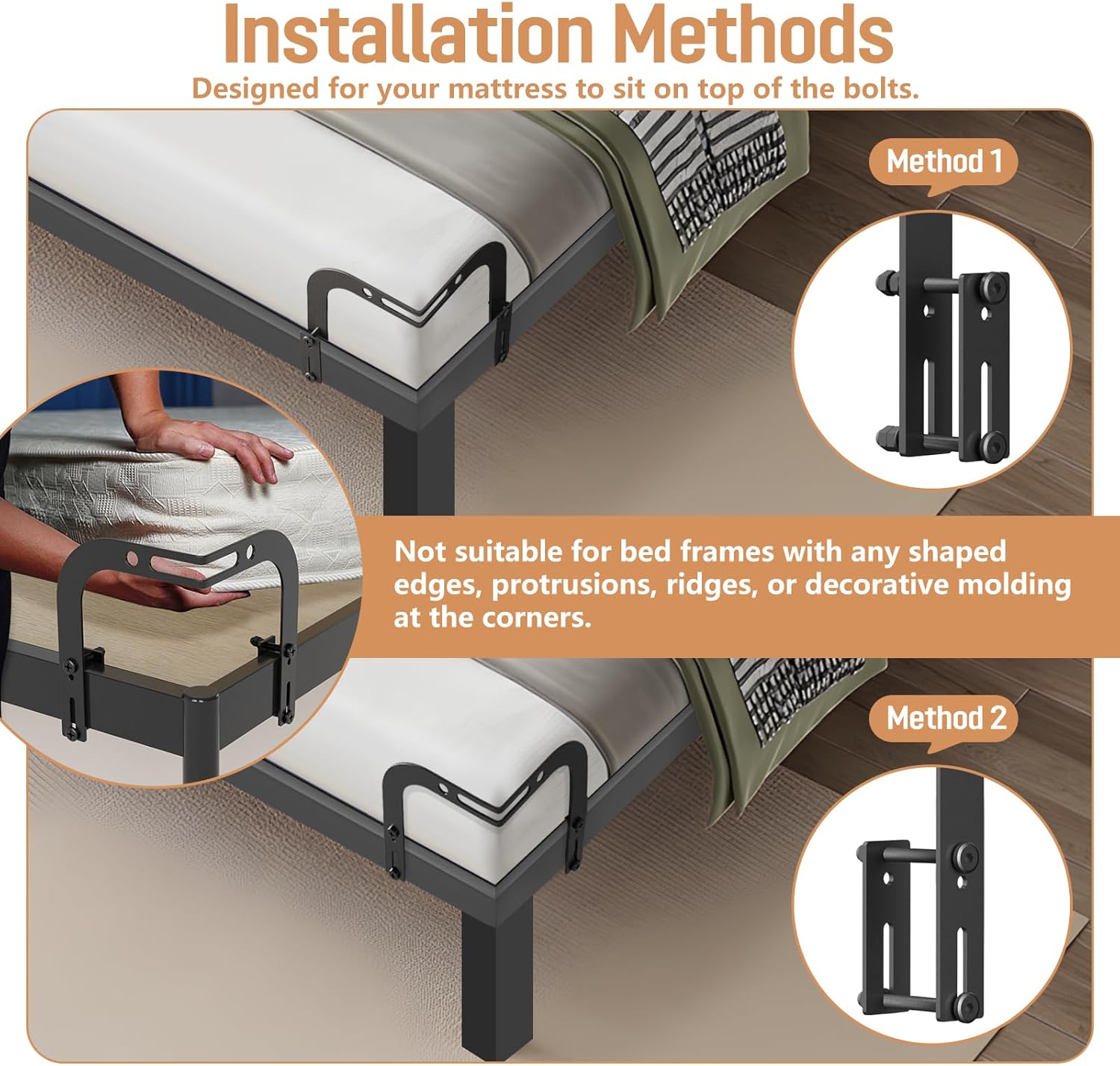 DELLAN Mattress Slide Stopper, Corner Non-Slip Mattress Gripper Retainer Bar, Holder for 1.75x 2.9 Metal Bed Frame to Prevent Sliding (2 Pack)