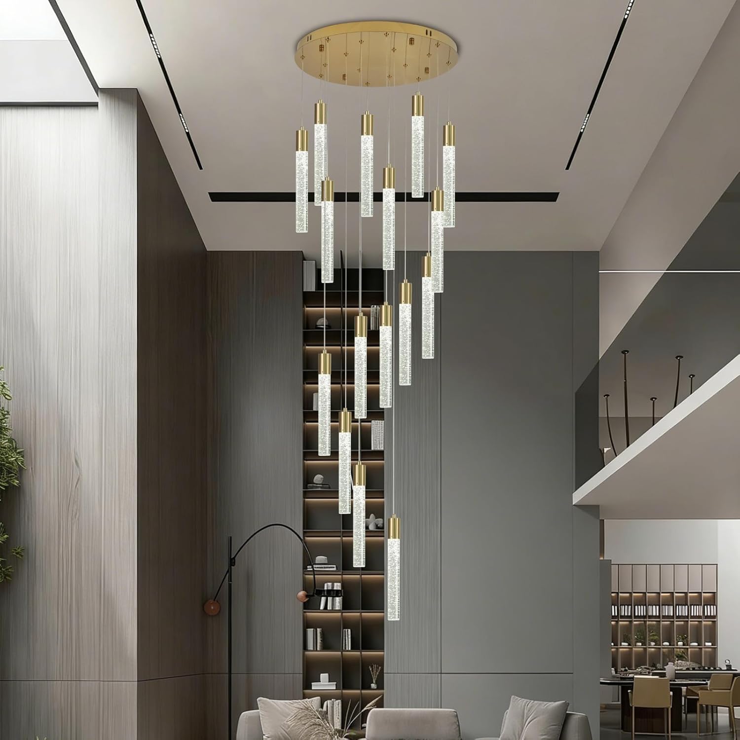 16-Light Chrome Bubble Crystal Chandelier Cool White Spiral Staircase Pendant for High Ceilings Sloped Ceiling Compatible Canopy Adjustable Hanging Height Grand Foyer Entryway