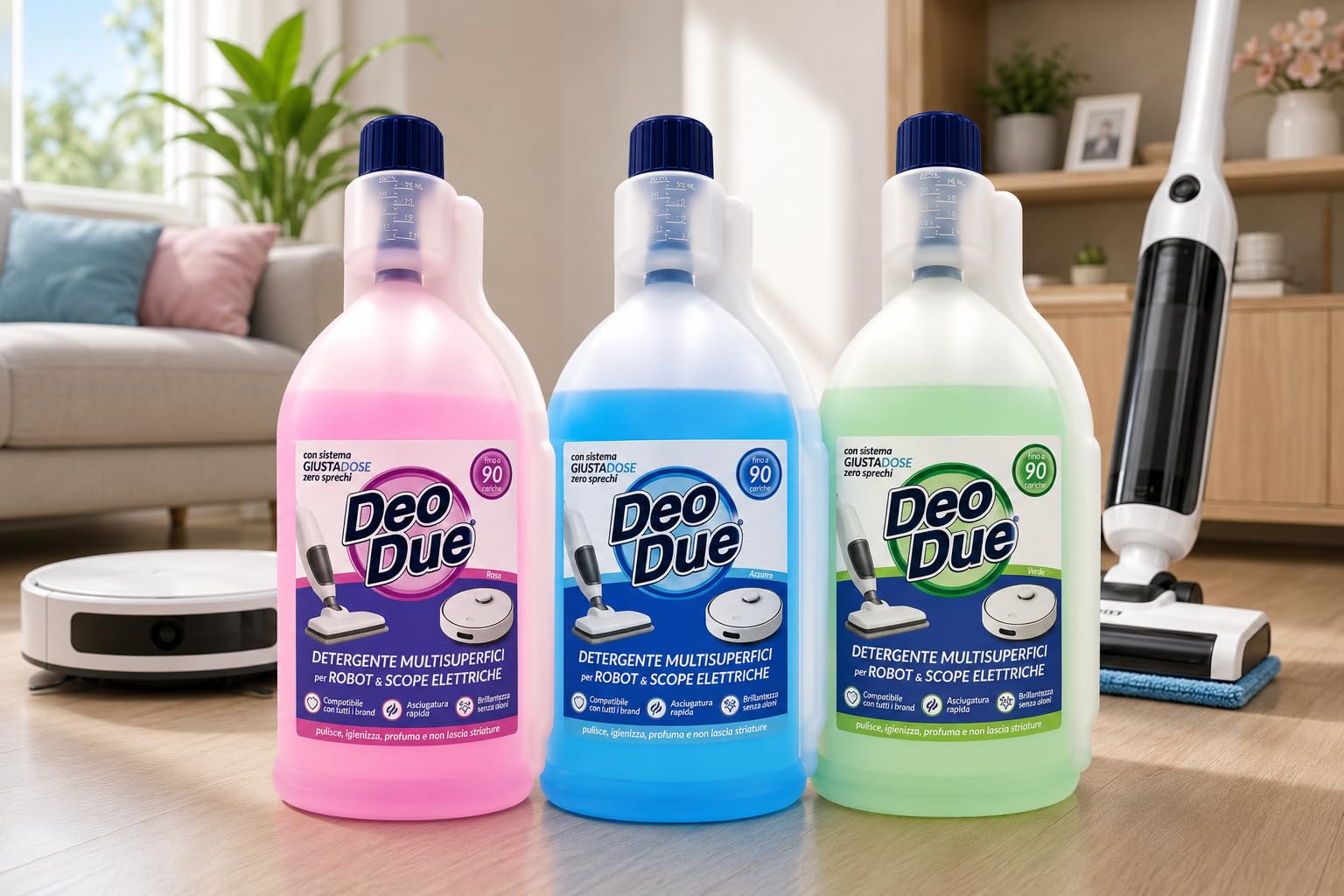 Detergente Multisuperfici per Robot Lavapavimenti e Scope Elettriche 900 ml, Kit 3 Fragranze Assortite Verde Blu Rosa, Compatibile con Tutti i Brand, Asciugatura Rapida, 3 Flaconi