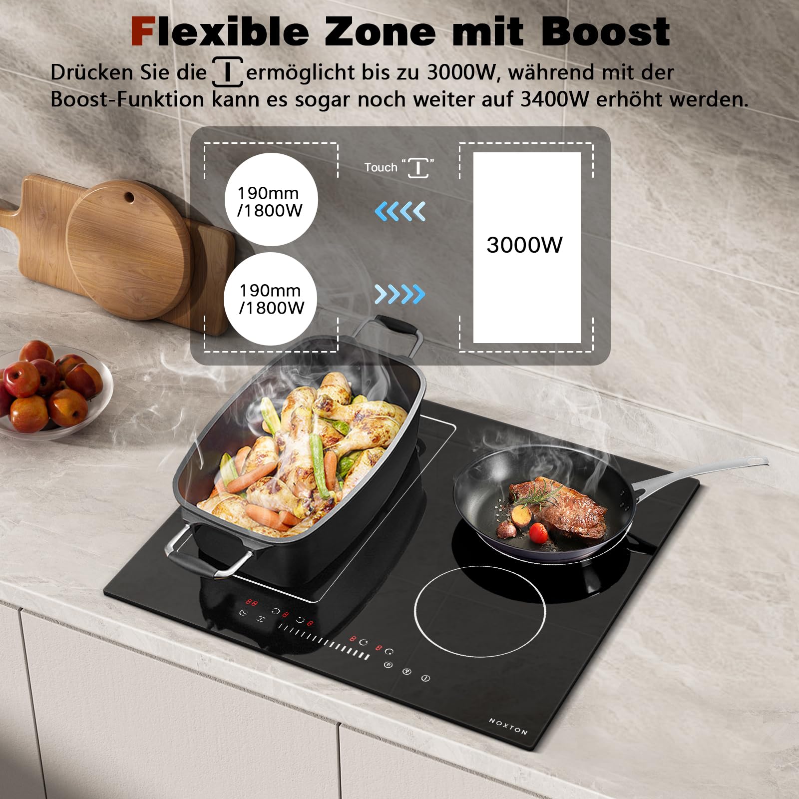 NOXTON Induktionskochfeld 60 cm, Autarkes Induktionsfeld 4 Platten, 7200W | Flexzonen, Kochfeld Induktion mit Schieberegler, Booster, Timer, Kindersicherung, 220V-240V, kein Stecker