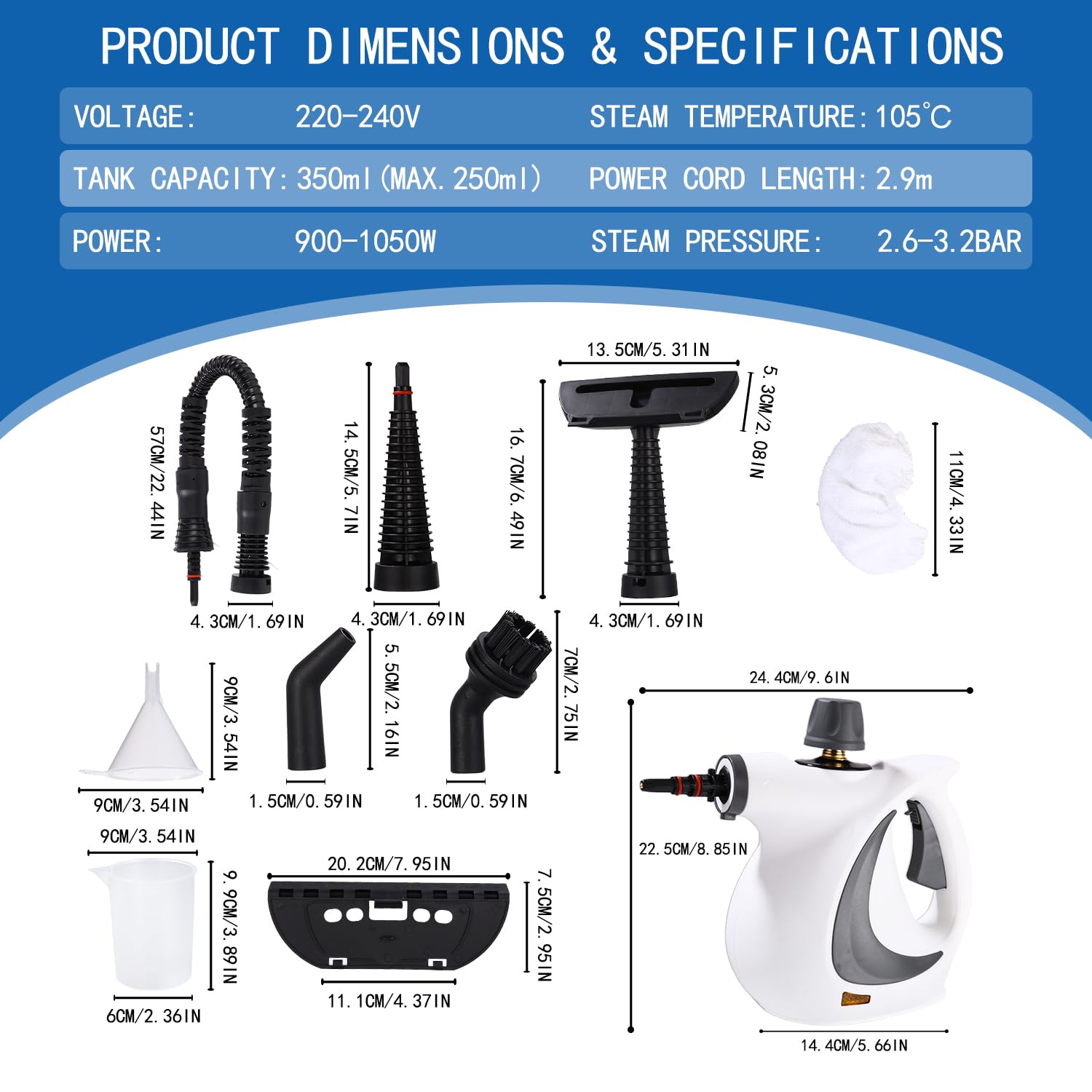 Nettoyeur à Vapeur Portable, 1050 W Nettoyant Vapeur à Main avec 12 Accessoires, 3,2 bars, Multi-Usage Steam Cleaner, Pour Canapé Tapis Matelas Meuble Voiture Cuisine Salle de Bain Sol Fenetre