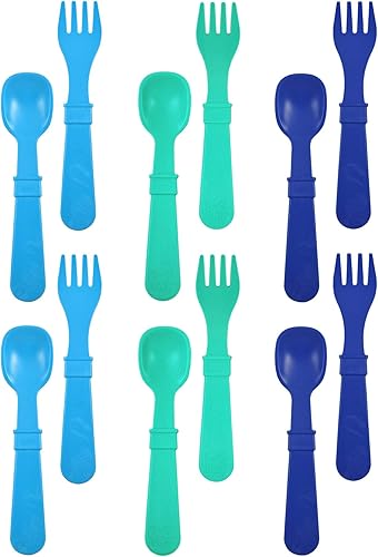 Re-Play Juego de tenedores y cucharas para niños pequeños, juego de utensilios de 6 x 6 pulgadas para niños, apto para lavavajillas y microondas,