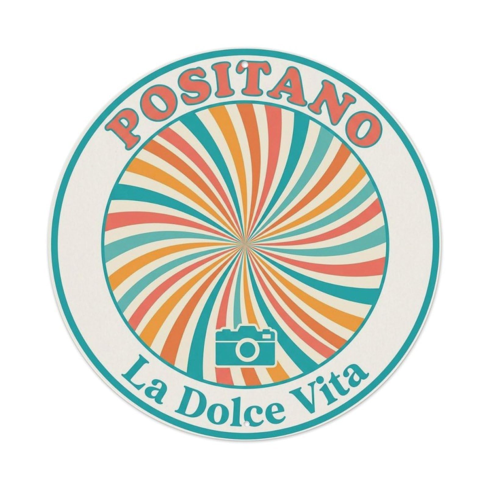 Italian Positano Travel Emblem Campania Mediterranean Metal Tin Sign Plaque Wall Decor for Cafe, Man Cave, Club Bar, Office, Home Garden Round Metal Poster 8x8Inch