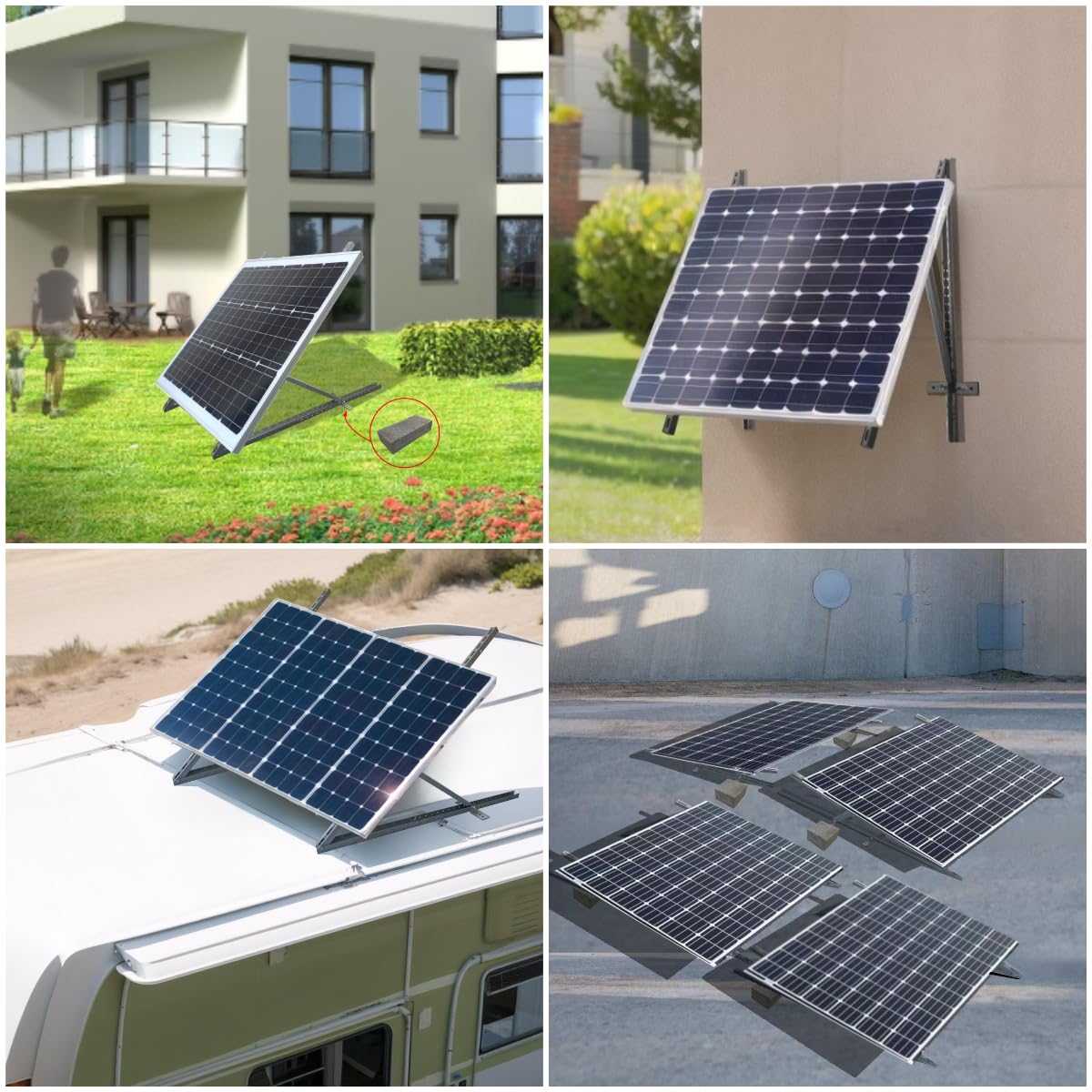 M03 Lot de 4 panneaux solaires 116 cm, 10 kg, pour 2 panneaux solaires (100 W-600 W), réglables de 0 à 90 °, pour centrale de balcon, toit plat, mur, camping-car, jardin, bateau, sol