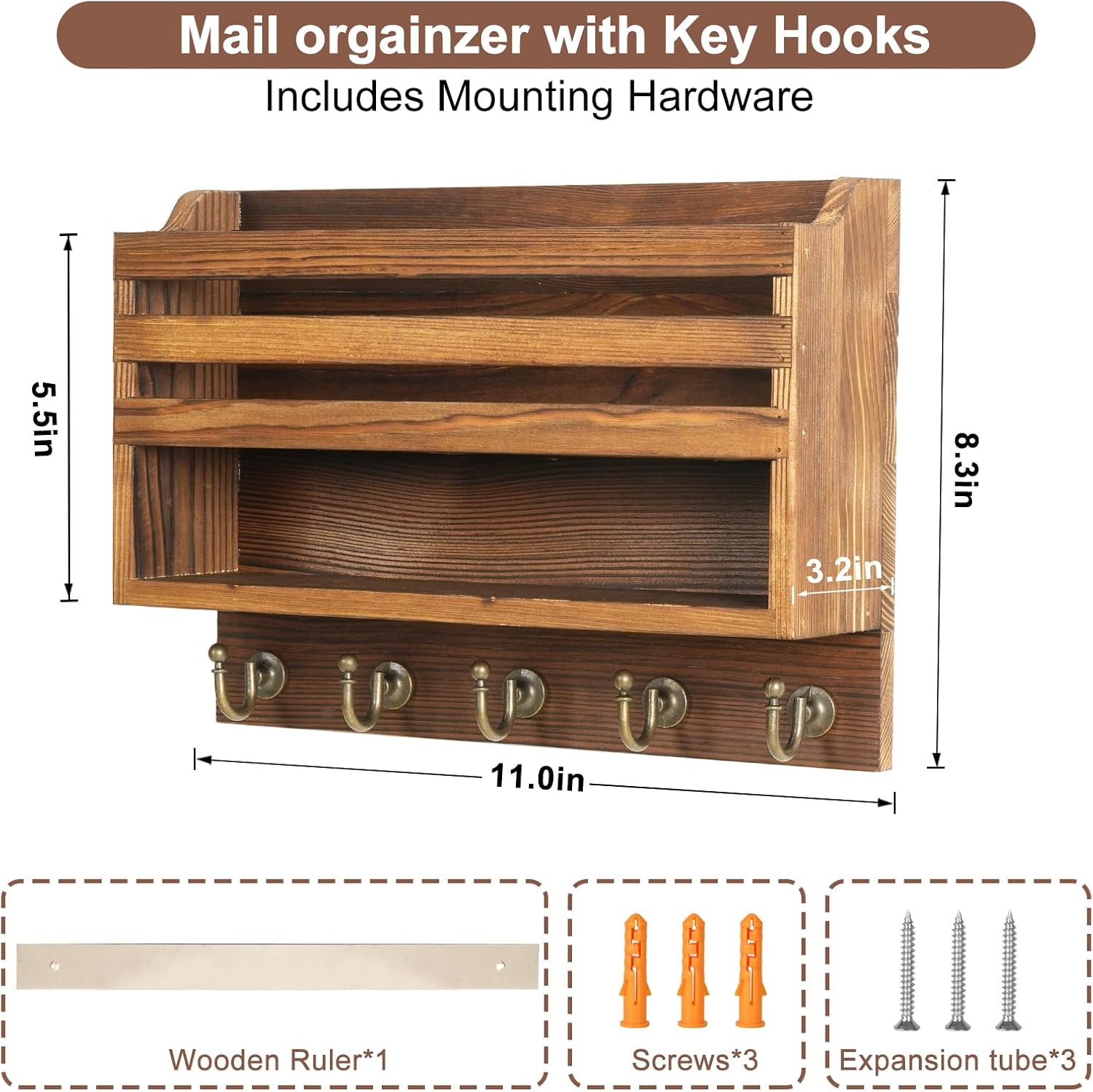 Mail and Key Organizer for Wall – Key Holder Wall Mount with Storage Box and 5 Key Hooks, Mail Holder Wall Mounted for Entryway, Apartment, Office, Home Decor Organization (Brown)