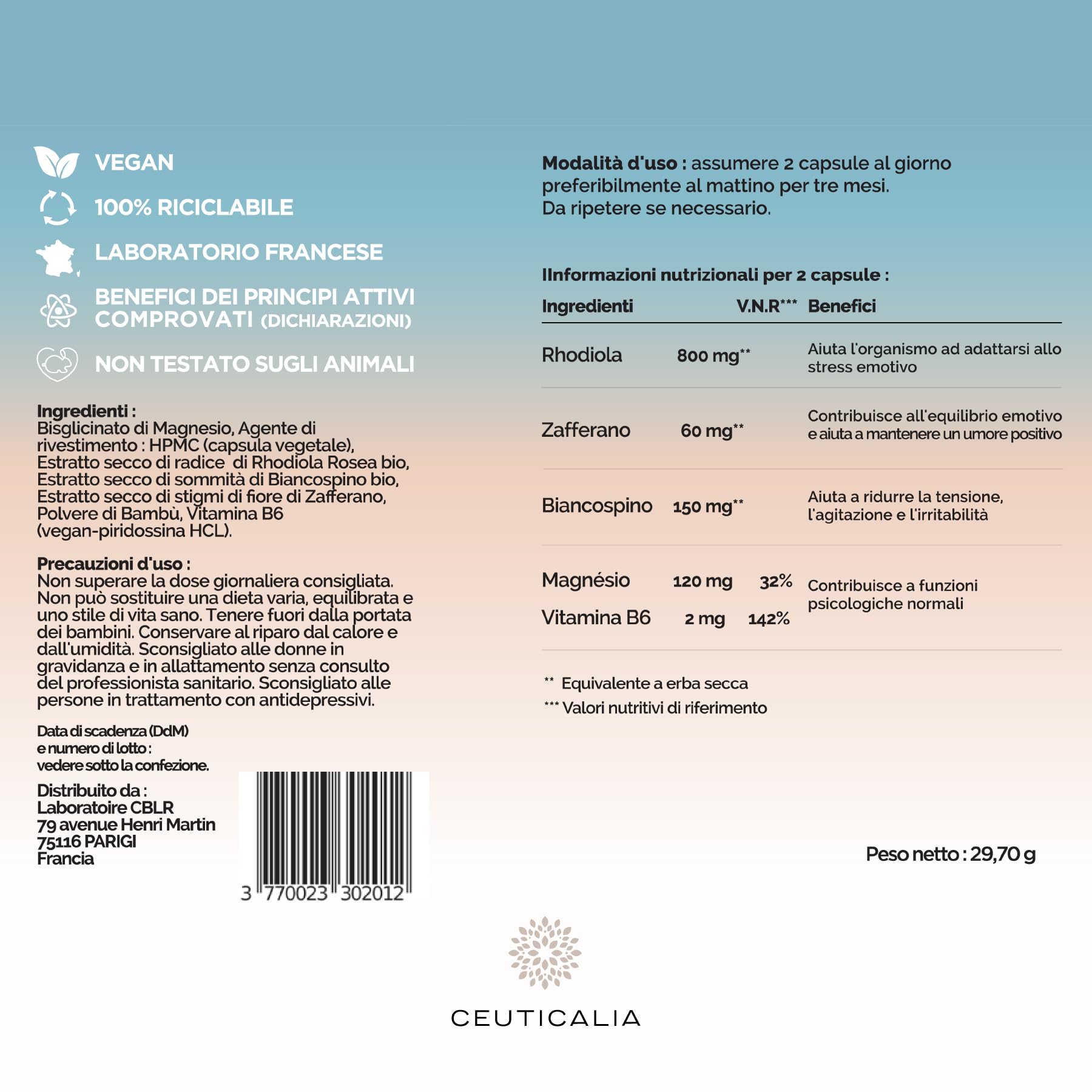 Integratore Alimentare per lo Stress, l´Ansia e l'Umore - Antistress, Benessere e Rilassamento - Per Adulti - Magnesio, Vitamina B6, Zafferano, Rodiola, Biancospino - 180 Capsule, 90 Giorni
