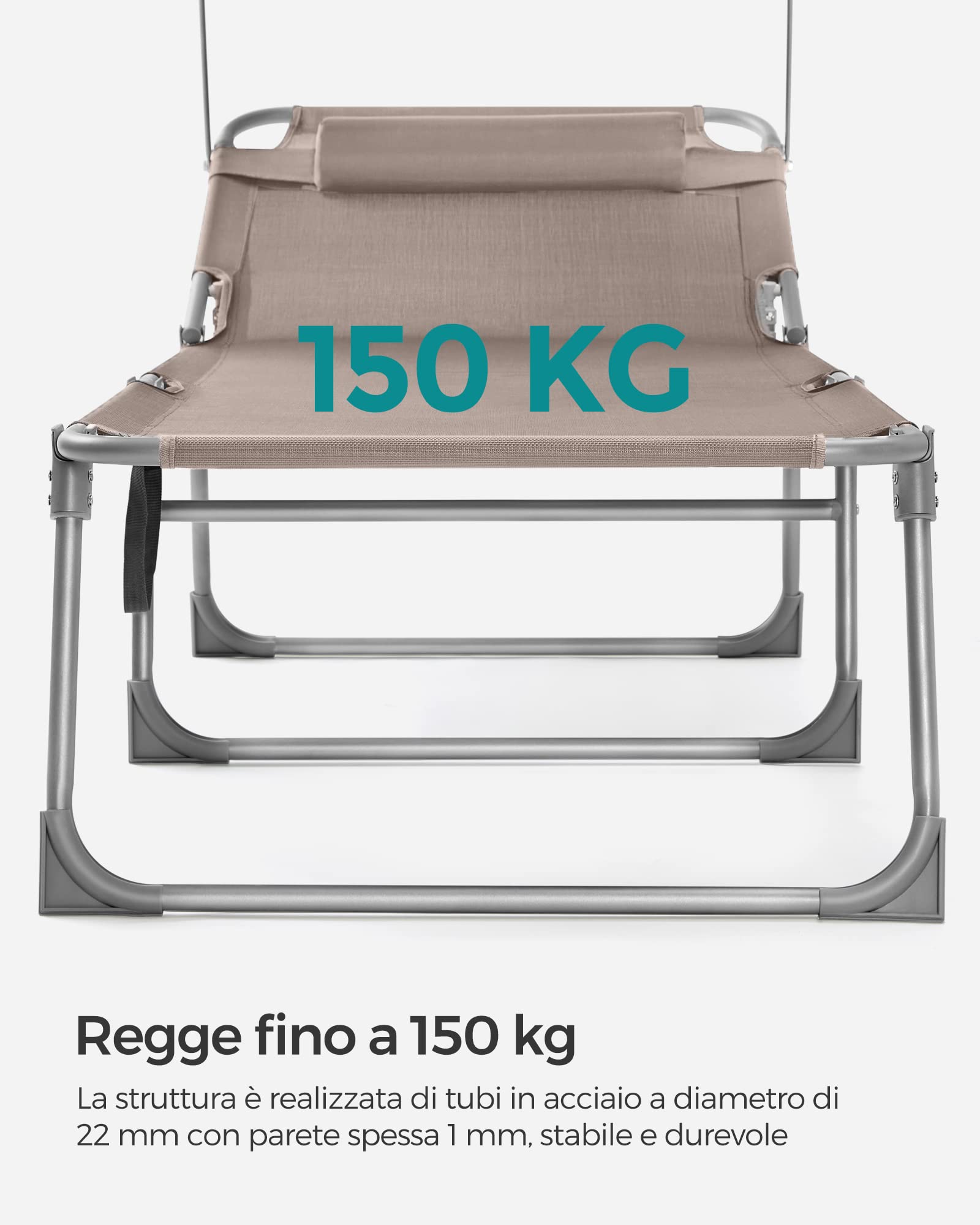SONGMICS Lettino Prendisole Largo, Sedia a Sdraio Pieghevole, 71 x 200 x 38 cm, Max Portata 150 kg, con Poggiatesta Parasole e Schienale Reclinabile, per Terrazzo Piscina Giardino, Tortora GCB022K01