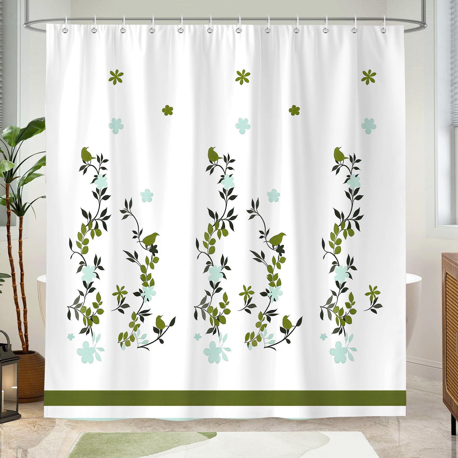 Hopomoon Green Birds Shower Curtain,Waterproof Polyester Fabric Leaves Fashion Bathroom Curtain with 12 Hooks,180 x 180 cm