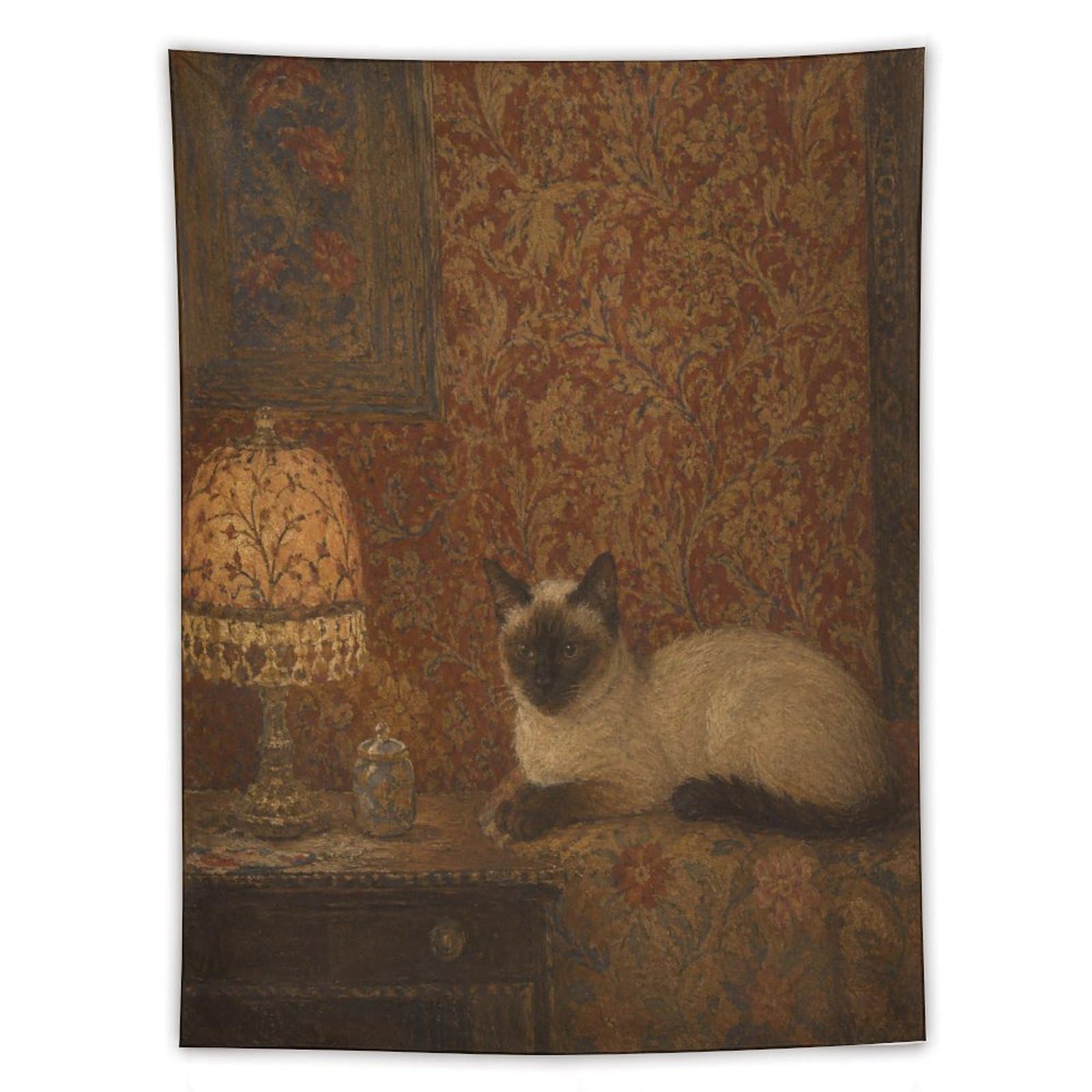 H3B8U2Y5 Siamese Cat by Lamp Wall Tapestry, Realistic Illustration