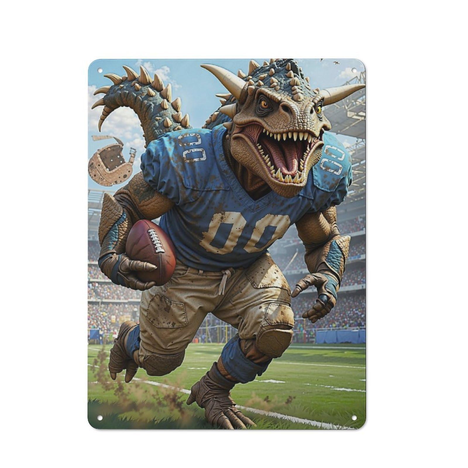 Junmoney Gridiron Dino Football 3 Industrial Tin Wall Sign 40X30cm Featuring Urban Room Decor For Workspace, Cafe, Hallway Or Garage