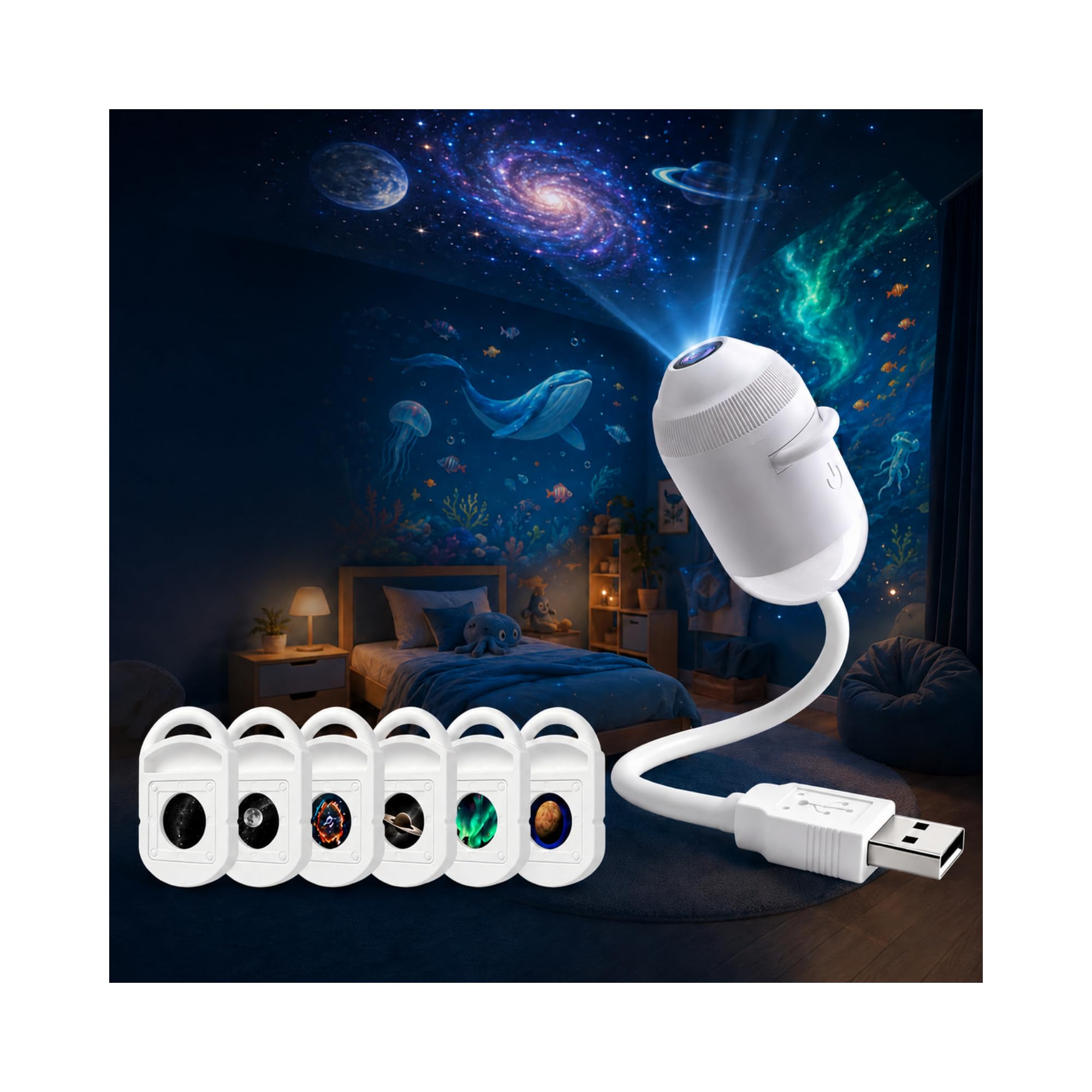 Galaxy Night Light Projector, 2-In-1 Ocean Projector Star Night Light Plug and Play Hd 5D Holographic Smart Dynamic Ceiling Lamp 360° USB (With 3 Films) for Bedroom Car Roof [Energy Class A+++]