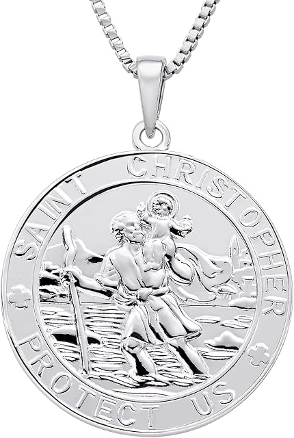 FJ St. Christopher Jewelry 925 Sterling Silver, Antiqued Religious Protector Talisman Pendant for Men Women, Coin/Round/Oval/Medal/Square/Locket