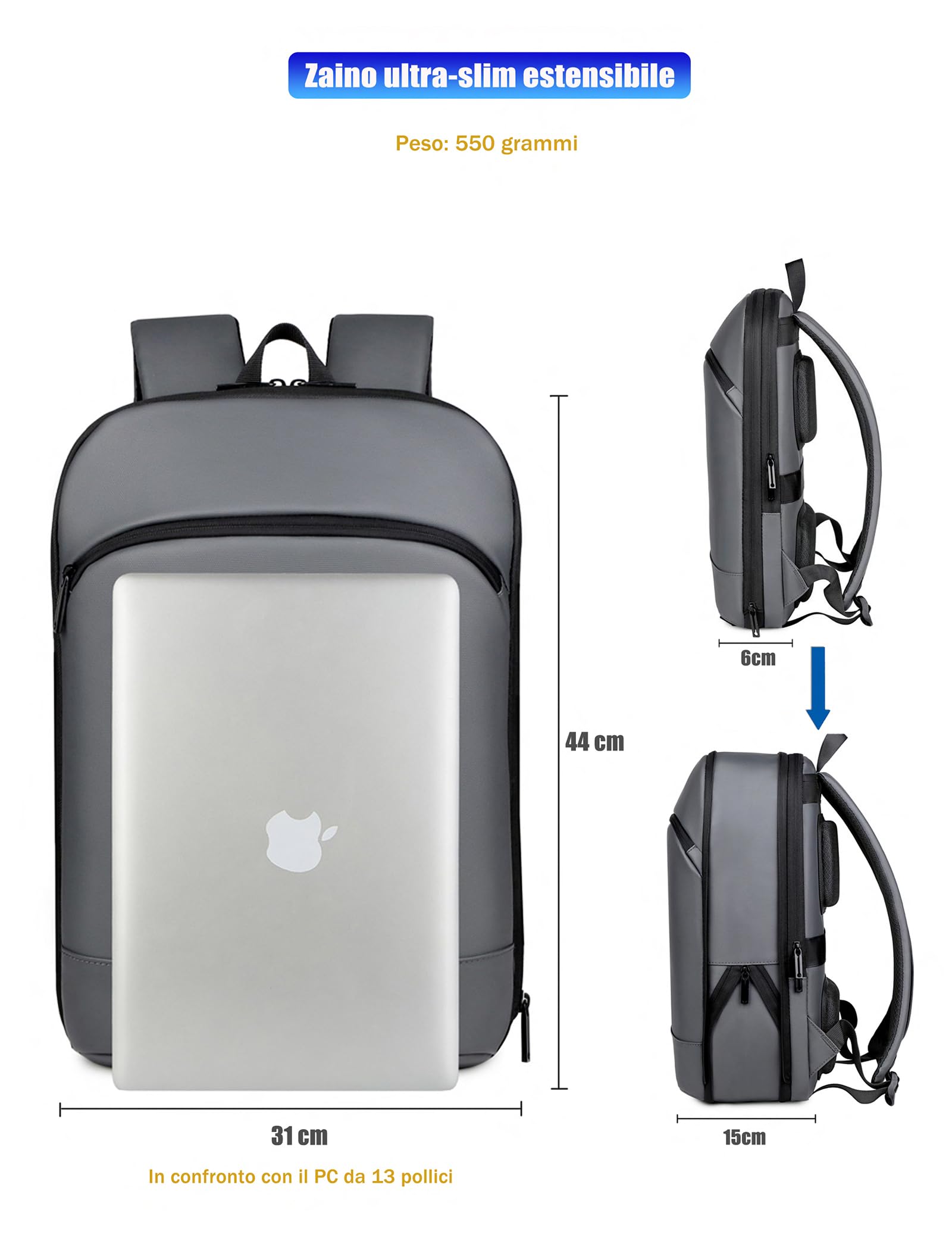 Zaino Porta PC Ultra Slim Espandibile per Portatile fino a 16 pollici Borsa Sottile Leggero Impermeabile KM20