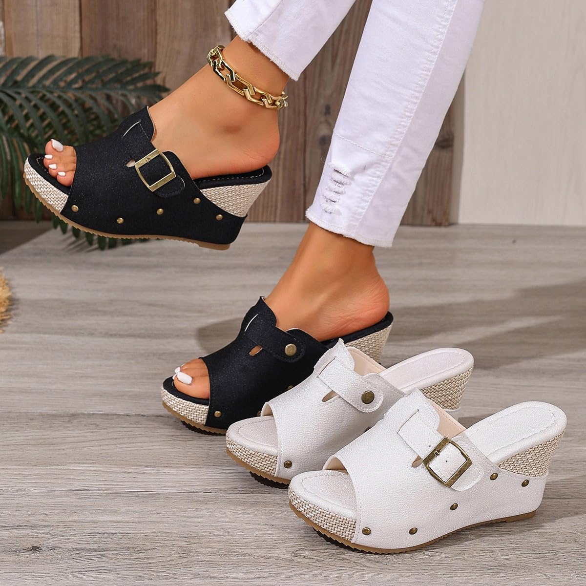 Sandalias de cuña para mujer, elegantes, de verano, alpargatas con puntera abierta, tacón de cuña, hebilla y correa al tobillo, de corcho, tacón bajo, zapatos de cuero