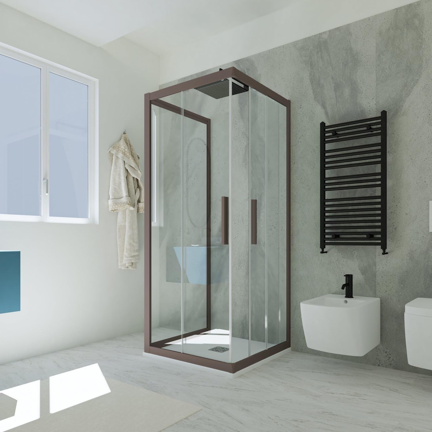 Box doccia 3 lati scorrevole 80x80x80 CM H 200 Vetro Trasparente Profilo Chocolate mod. Kolors Trio