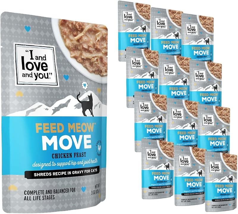 Ração úmida para gatos I AND LOVE AND YOU Feed Meow Move de frango desfiado sem grãos, Pacote com 12 sachês de 85 g