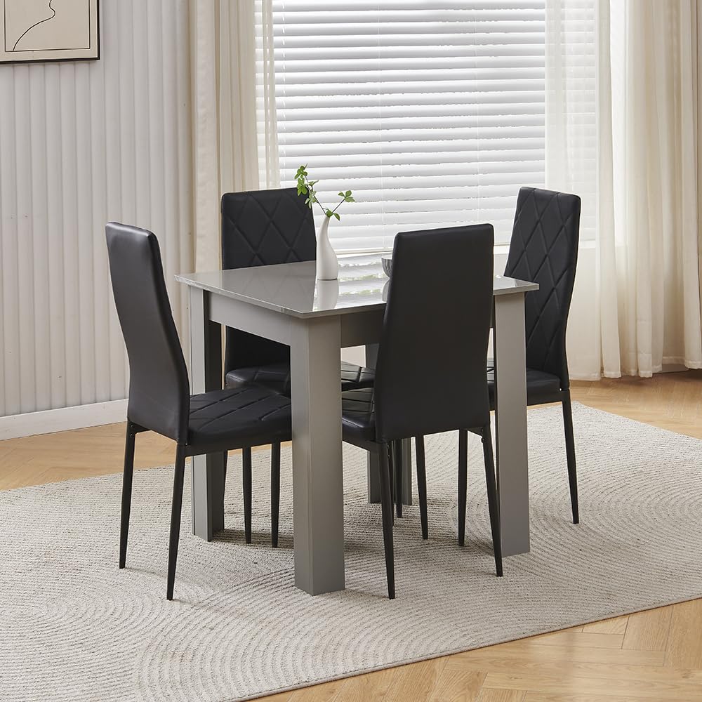 Homullel 75x75 cm Small Dining Table and 4 Chairs, 4 Seater Table and Chairs Set Kitchen Dining Room Set for 4, Compact, Space Saving, Wooden, Glossing Tabletop Grey (4 Seats, Faux Leather Black #2) — image 1