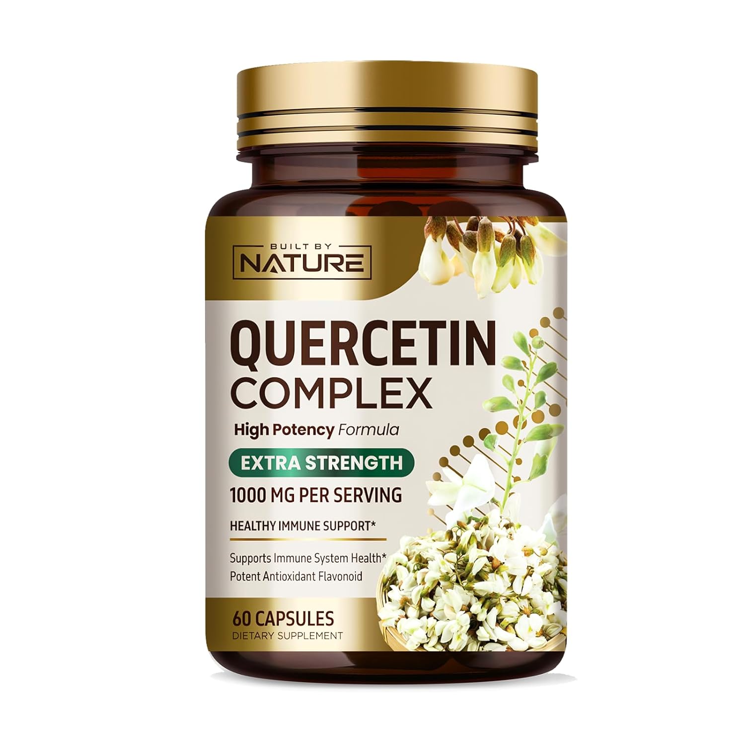 Built by Nature Quercetina 1000mg – Antioxidante Flavonoide de Alta Potência para Suporte Imunológico, Respiratório e de Alergias - Sem OGM, Sem Glúten - 60 Cápsulas Veganas