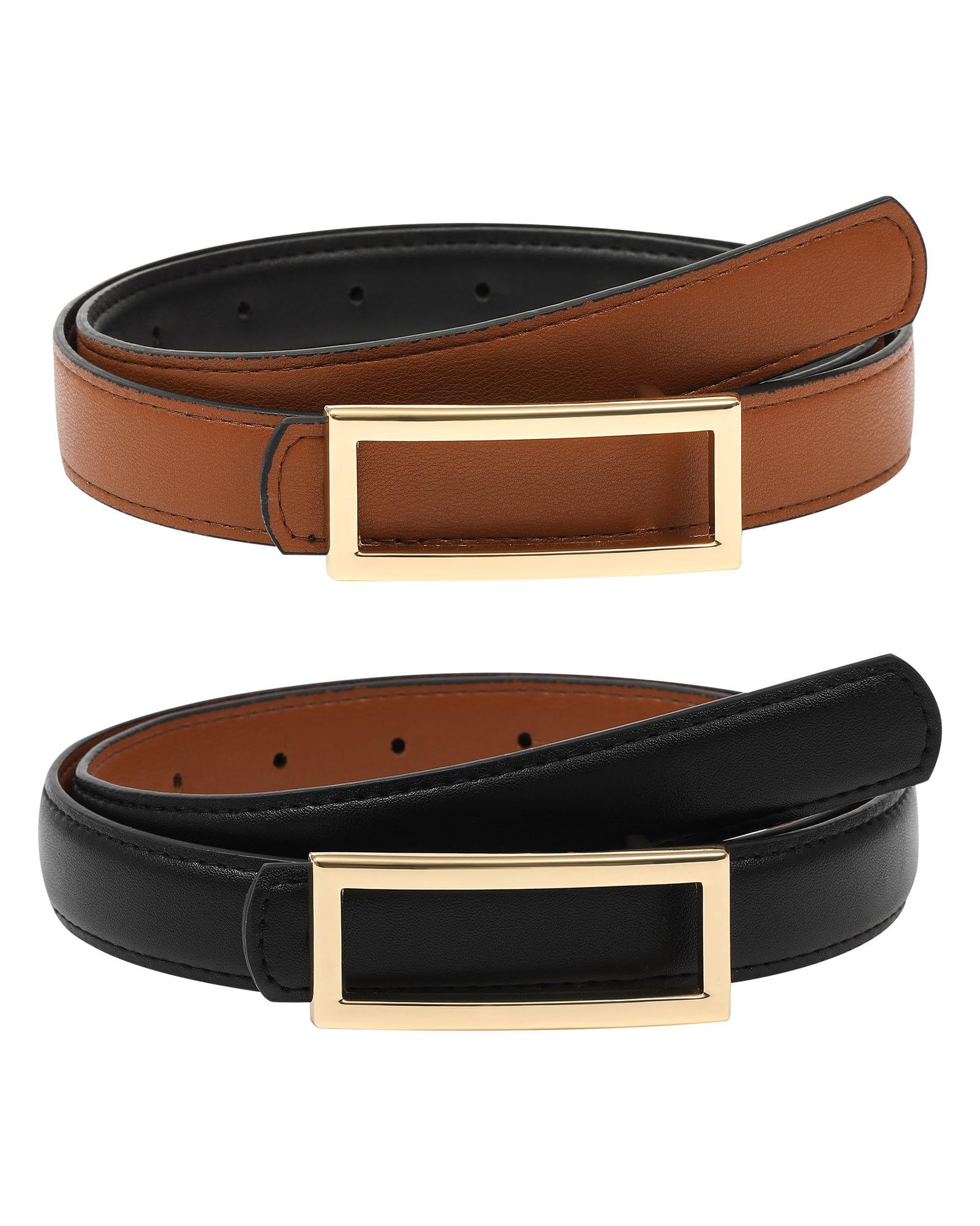 Photo 1 of AWAYTR Women Reversible Leather Belt - Two-in-One Women Fashion Skinny Belt for Jeans with Golden Buckle (Black/Brown,130cm)