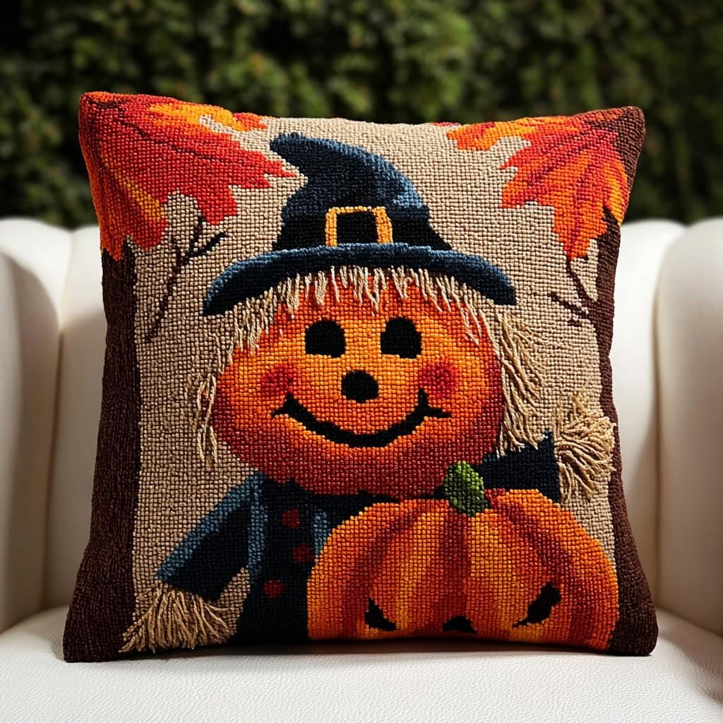 Amcdjkery Latch Hook Craft Pillow Halloween Kit | Fun Family DIY Rug Making Supplies with Vibrant Yarns Hooks for Seasonal Sofa Pillowcase 43cm Easy Starter Set - 1