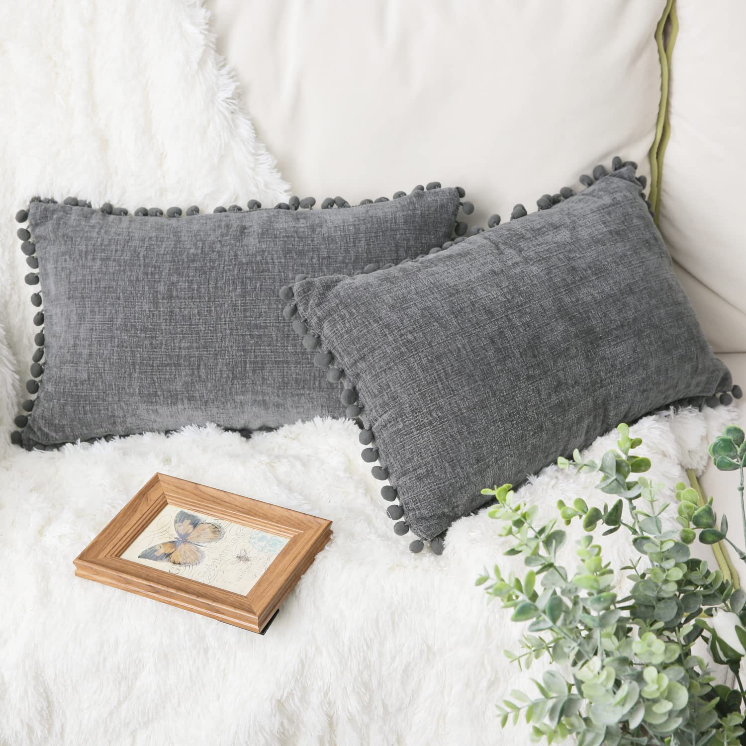 CaliTime Pillow Cases Pack of 2 Cozy Solid Dyed Soft Chenille Cushion Covers with Pom Poms for Couch Sofa Home Decoration 30cm x 50cm Medium Grey - Image 2