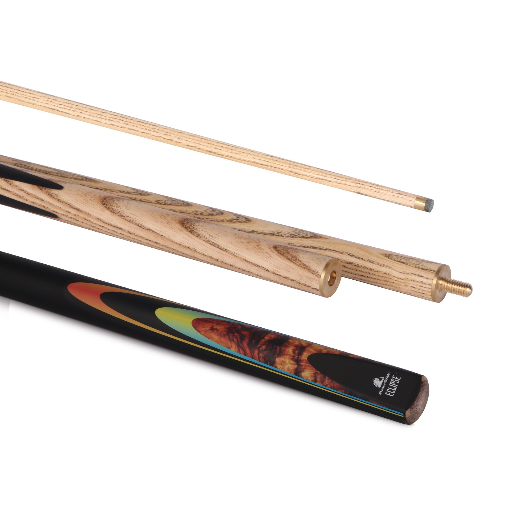 POWERGLIDE Eclipse | One 2-Piece Pool Cue Stick | Ash Shaft with Decal Hardwood Butt | Brass Joint | Assorted Weights | Full Size 57" | 10mm Tip