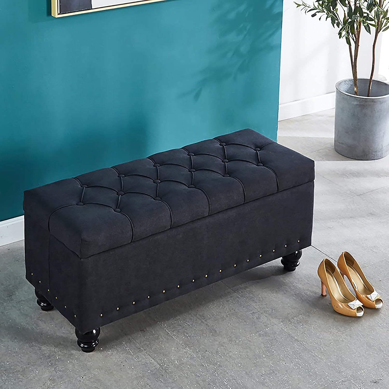 Shoe Storage Bench Ottoman Storage Benches Linen Upholstered Bench Seat End of Bed Bench with Storage,Storage Ottoman Bench,Modern Living Room Footstool Entryway Shoes Changing Stool-Blue 8