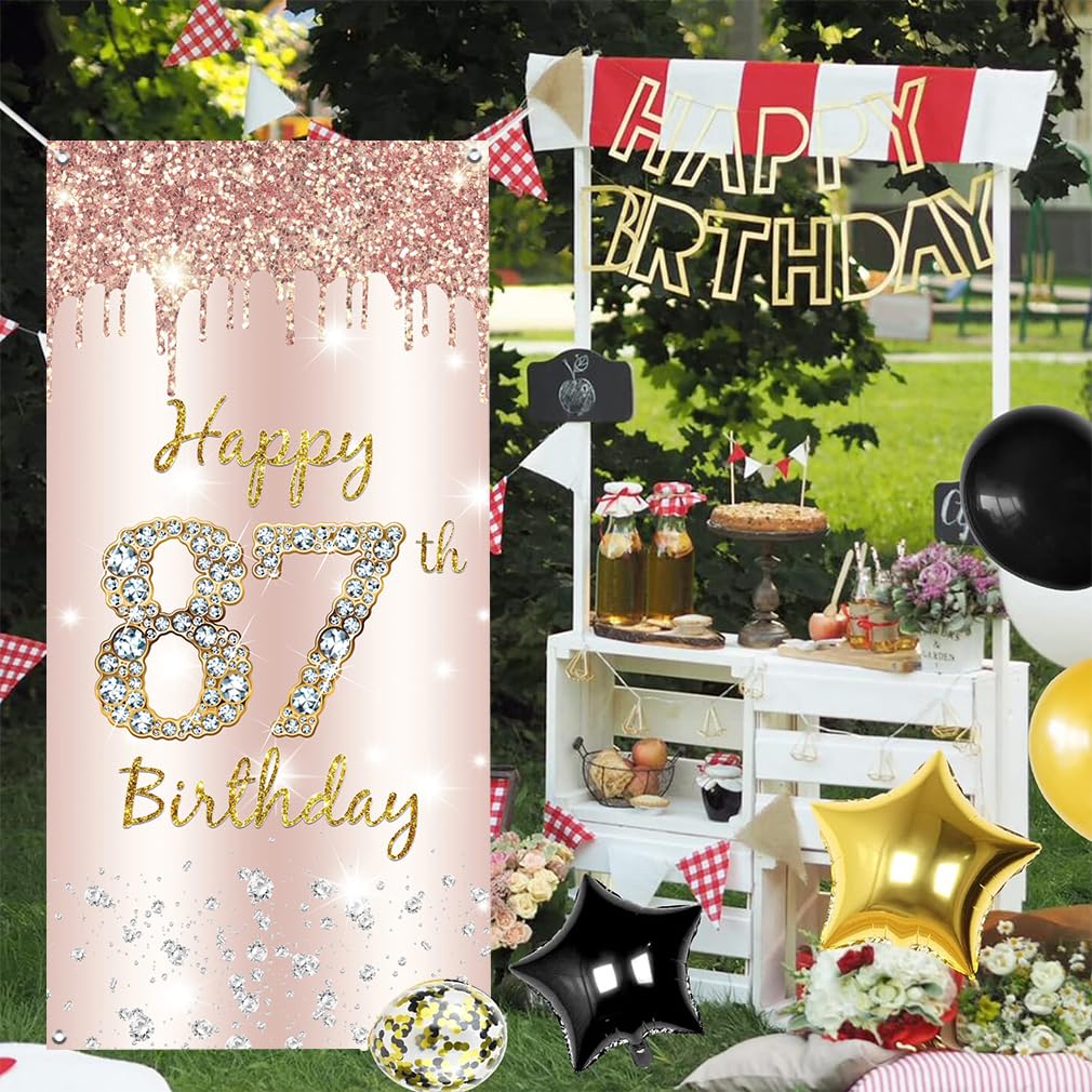 87. urodziny dekoracja dla kobiet, Happy 87th Birthday Door Banner różowe złoto, 87. urodziny tkanina tabliczka plakat dekoracja drzwi, 87. urodziny tło, baner damski, przyjęcie urodzinowe tabliczka