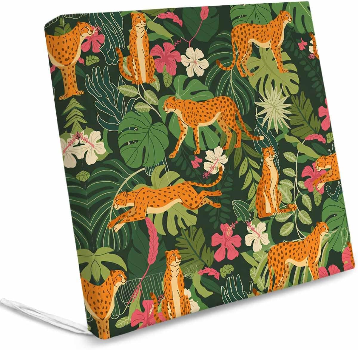 Outdoor Chair Cushion Covers 2 Pack, Leopard Animals Waterproof Sofa Couch Covers, Green Palm Leaves Tropical Botanical Flowers Furniture Protector Seat Slipcovers for Patio Garden, 24" x 24"