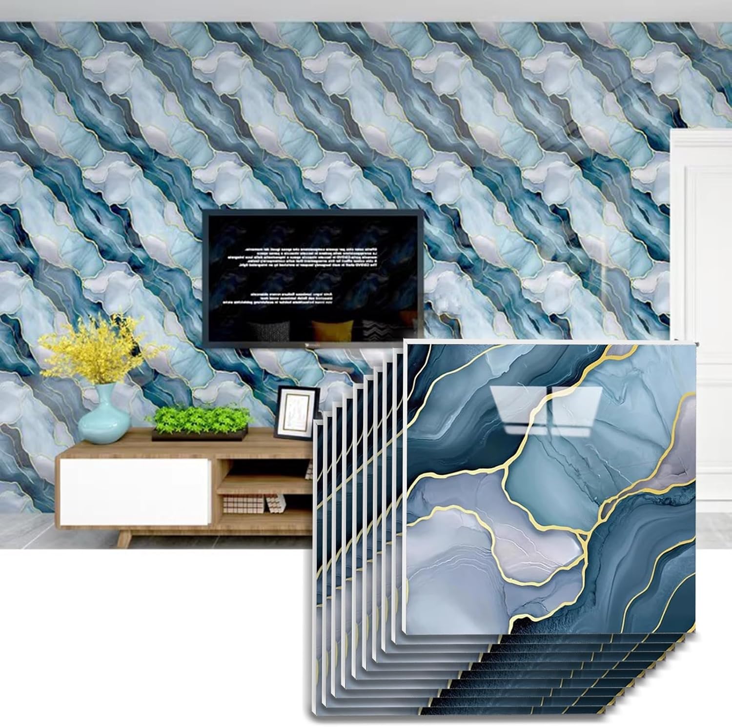 Ceiling Tiles TV Background Wall Decorative Tile Sticker, Blue and White Upgraded PVC Foam Ceiling Panels, Soundproof Wall Planks for Living Room Bedroom(100pcs)